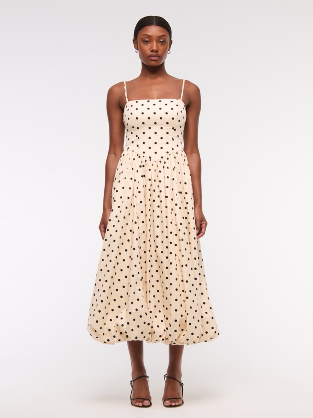 Abercrombie & Fitch Cream Midi Dress with Black Polka Dots and Spaghetti Straps